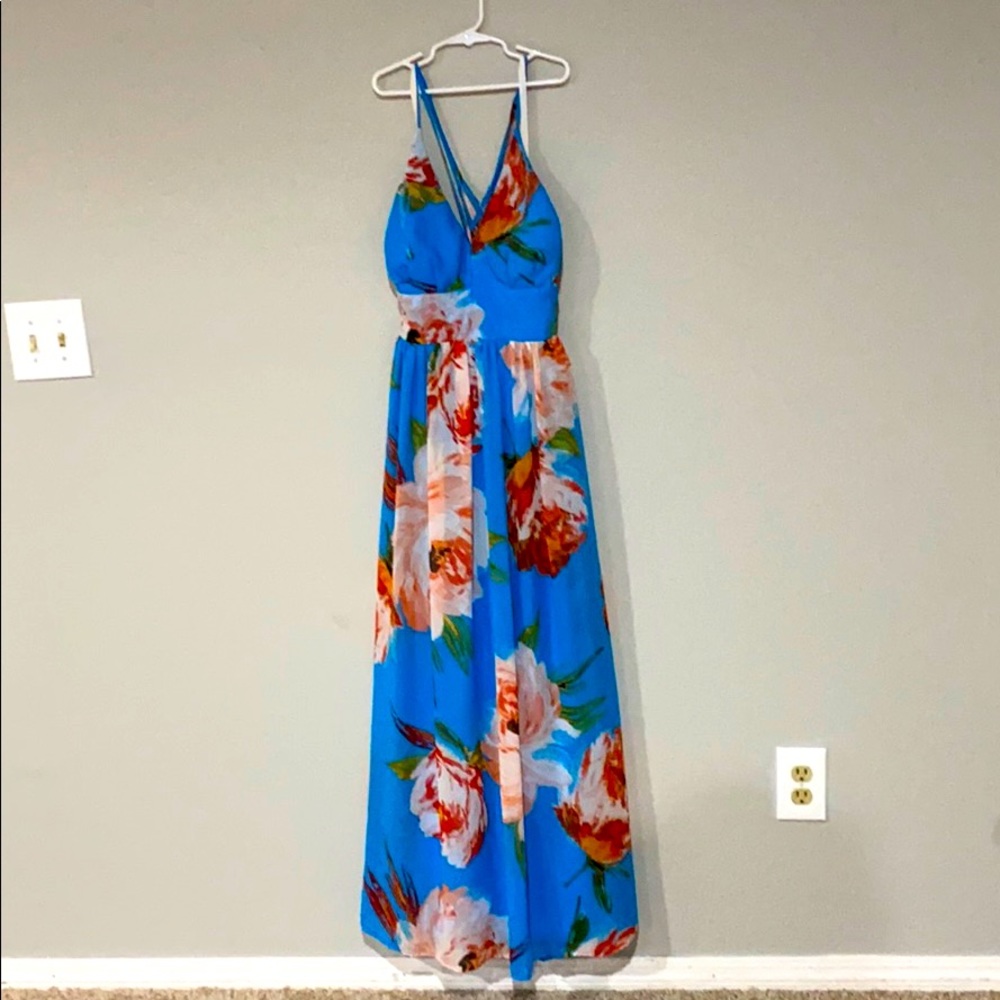 Blue floral backless strappy dress